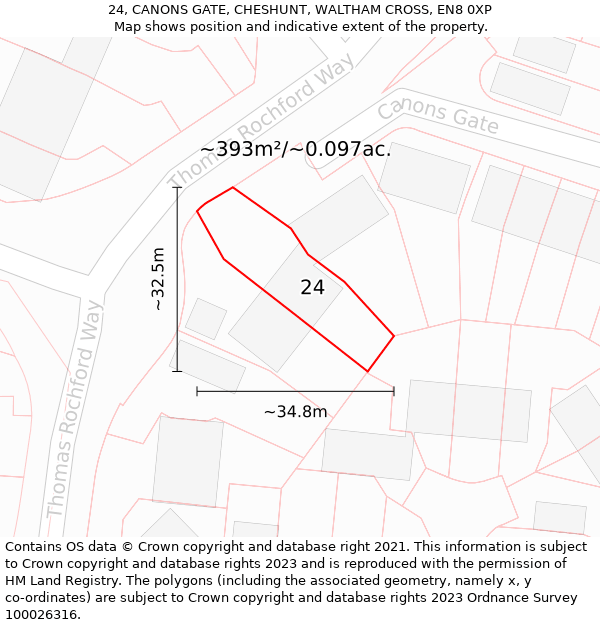 24, CANONS GATE, CHESHUNT, WALTHAM CROSS, EN8 0XP: Plot and title map