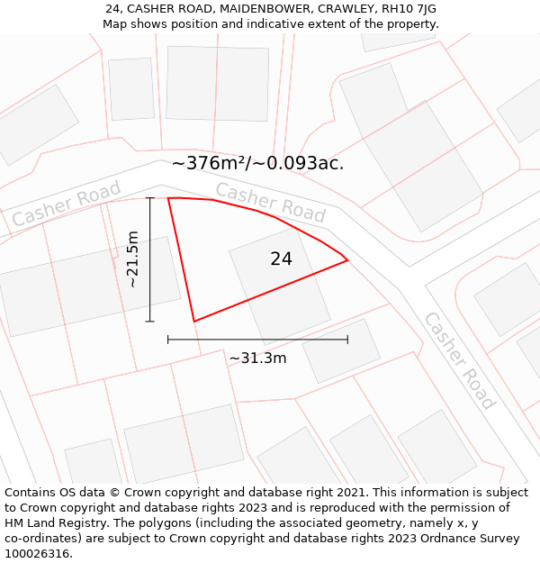 24, CASHER ROAD, MAIDENBOWER, CRAWLEY, RH10 7JG: Plot and title map