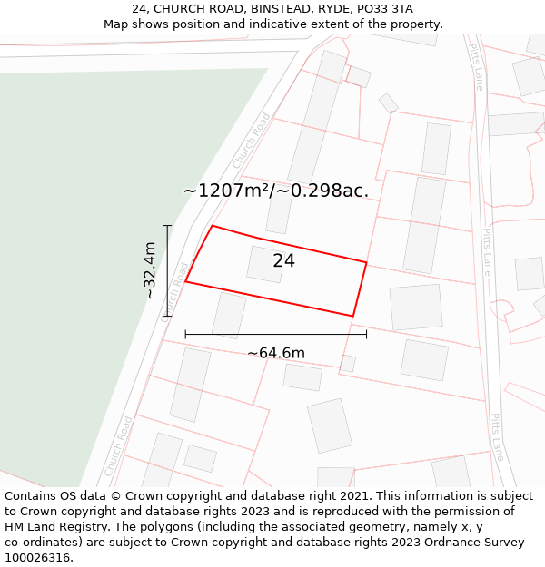 24, CHURCH ROAD, BINSTEAD, RYDE, PO33 3TA: Plot and title map