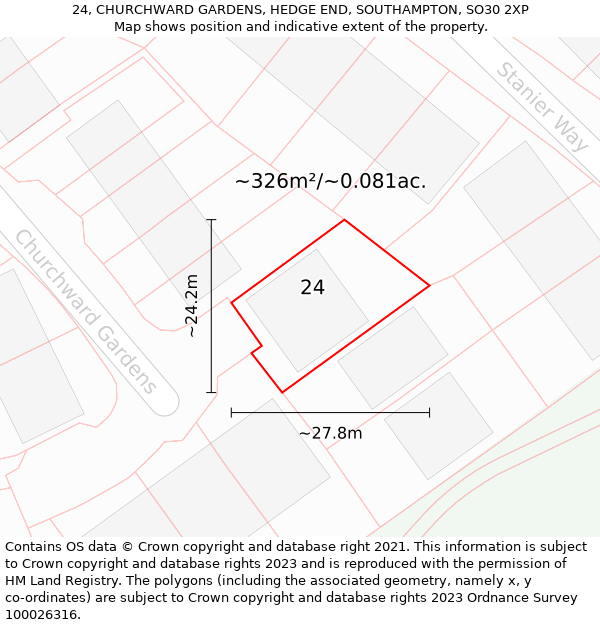 24, CHURCHWARD GARDENS, HEDGE END, SOUTHAMPTON, SO30 2XP: Plot and title map