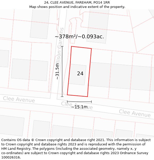 24, CLEE AVENUE, FAREHAM, PO14 1RR: Plot and title map