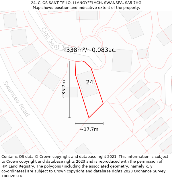 24, CLOS SANT TEILO, LLANGYFELACH, SWANSEA, SA5 7HG: Plot and title map