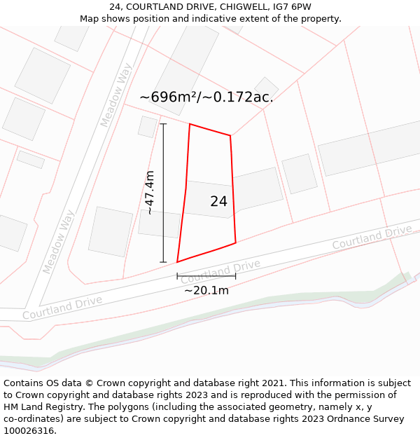 24, COURTLAND DRIVE, CHIGWELL, IG7 6PW: Plot and title map