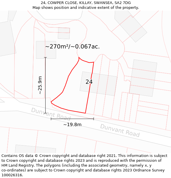 24, COWPER CLOSE, KILLAY, SWANSEA, SA2 7DG: Plot and title map