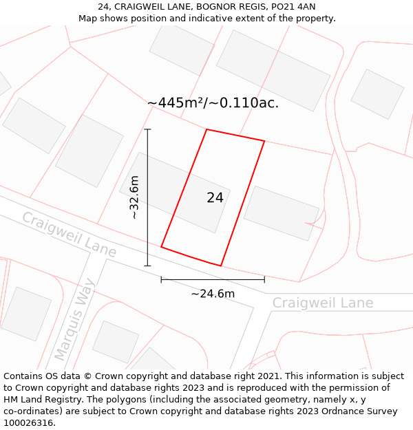 24, CRAIGWEIL LANE, BOGNOR REGIS, PO21 4AN: Plot and title map