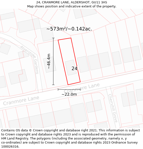 24, CRANMORE LANE, ALDERSHOT, GU11 3AS: Plot and title map