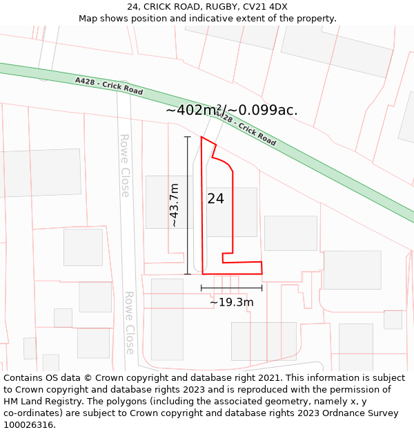 24, CRICK ROAD, RUGBY, CV21 4DX: Plot and title map