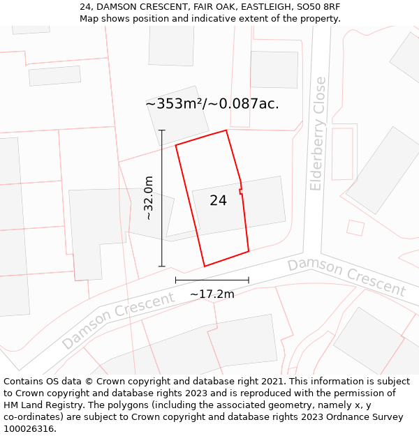 24, DAMSON CRESCENT, FAIR OAK, EASTLEIGH, SO50 8RF: Plot and title map