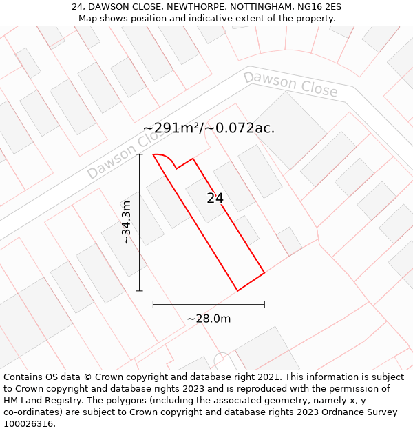 24, DAWSON CLOSE, NEWTHORPE, NOTTINGHAM, NG16 2ES: Plot and title map