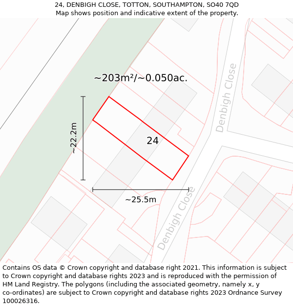 24, DENBIGH CLOSE, TOTTON, SOUTHAMPTON, SO40 7QD: Plot and title map