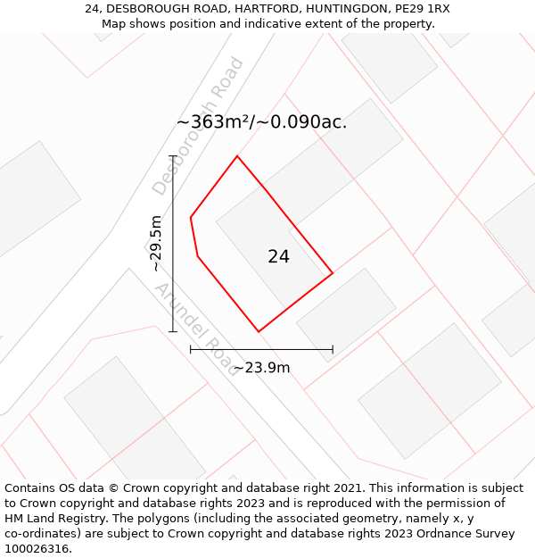 24, DESBOROUGH ROAD, HARTFORD, HUNTINGDON, PE29 1RX: Plot and title map