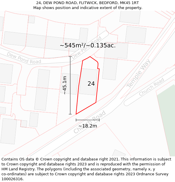 24, DEW POND ROAD, FLITWICK, BEDFORD, MK45 1RT: Plot and title map