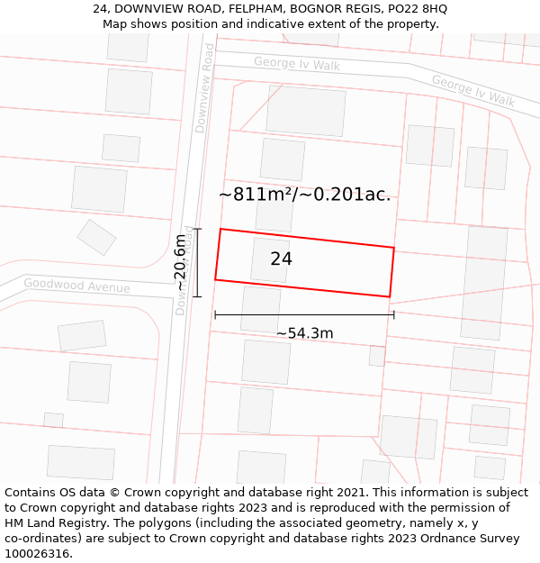 24, DOWNVIEW ROAD, FELPHAM, BOGNOR REGIS, PO22 8HQ: Plot and title map