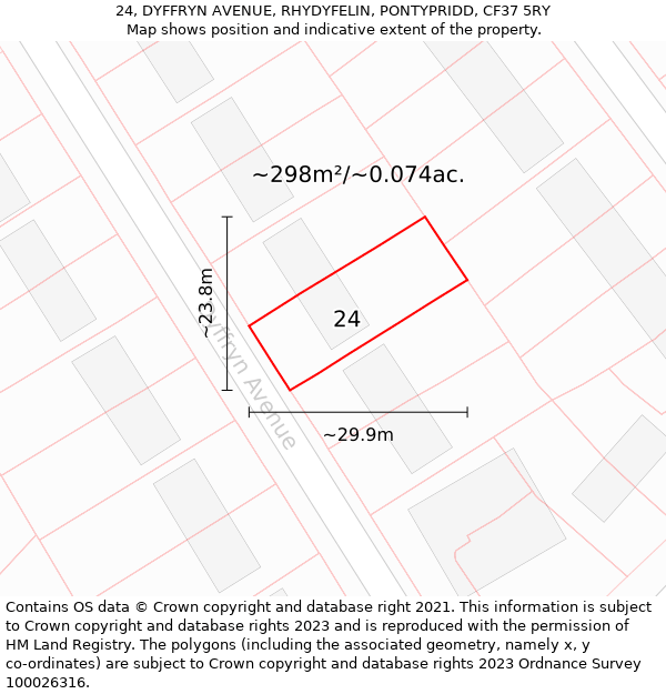 24, DYFFRYN AVENUE, RHYDYFELIN, PONTYPRIDD, CF37 5RY: Plot and title map