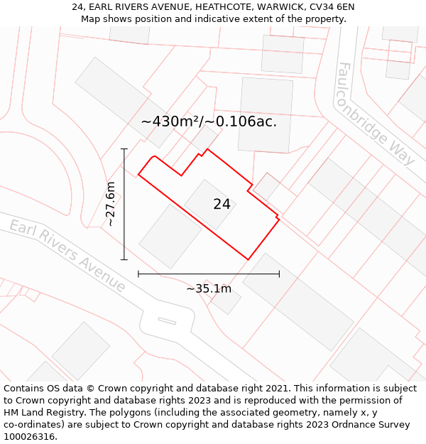 24, EARL RIVERS AVENUE, HEATHCOTE, WARWICK, CV34 6EN: Plot and title map