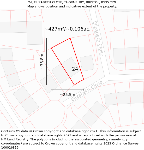 24, ELIZABETH CLOSE, THORNBURY, BRISTOL, BS35 2YN: Plot and title map