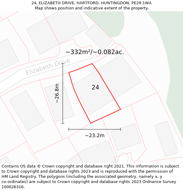 24, ELIZABETH DRIVE, HARTFORD, HUNTINGDON, PE29 1WA: Plot and title map