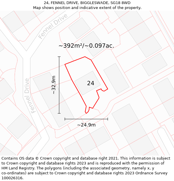 24, FENNEL DRIVE, BIGGLESWADE, SG18 8WD: Plot and title map