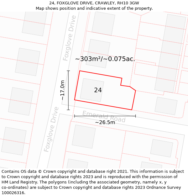 24, FOXGLOVE DRIVE, CRAWLEY, RH10 3GW: Plot and title map