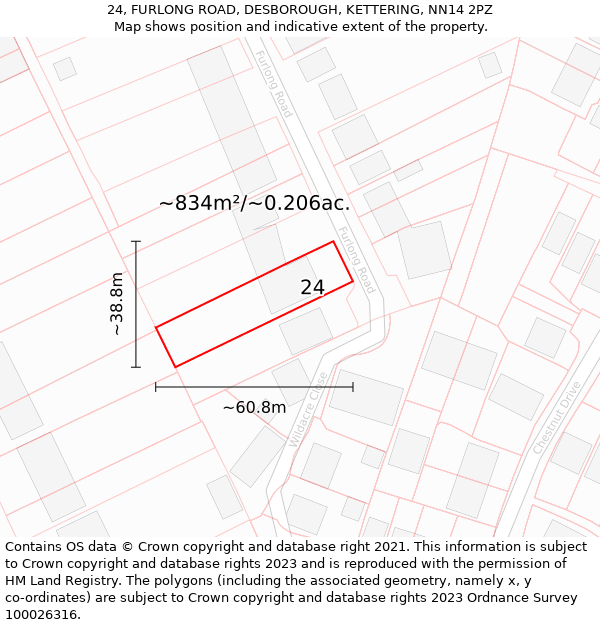 24, FURLONG ROAD, DESBOROUGH, KETTERING, NN14 2PZ: Plot and title map