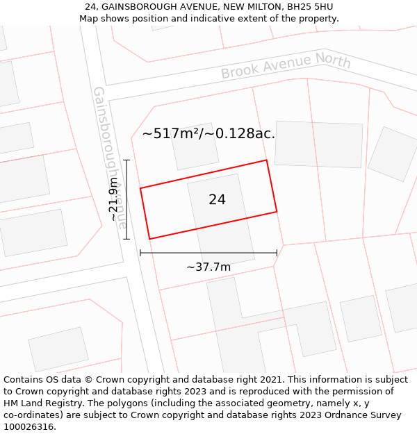 24, GAINSBOROUGH AVENUE, NEW MILTON, BH25 5HU: Plot and title map