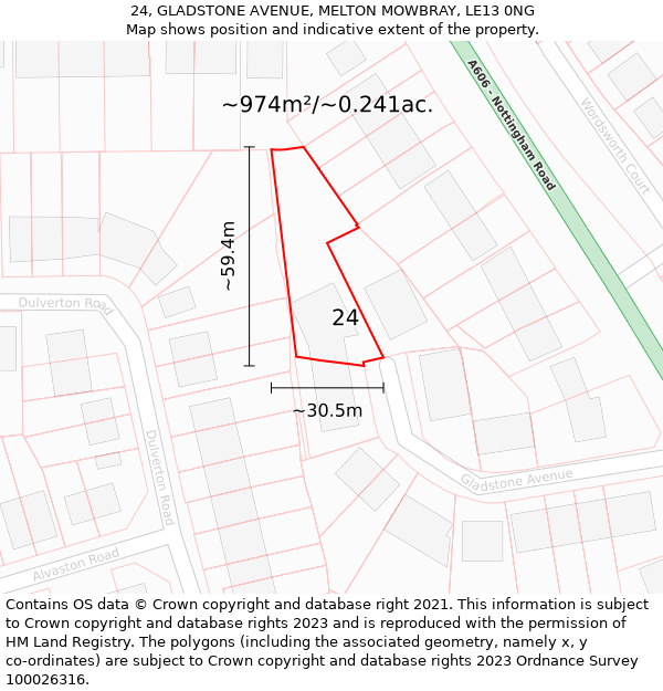 24, GLADSTONE AVENUE, MELTON MOWBRAY, LE13 0NG: Plot and title map