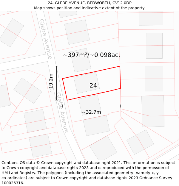 24, GLEBE AVENUE, BEDWORTH, CV12 0DP: Plot and title map