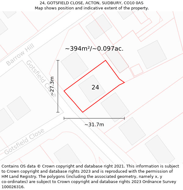 24, GOTSFIELD CLOSE, ACTON, SUDBURY, CO10 0AS: Plot and title map