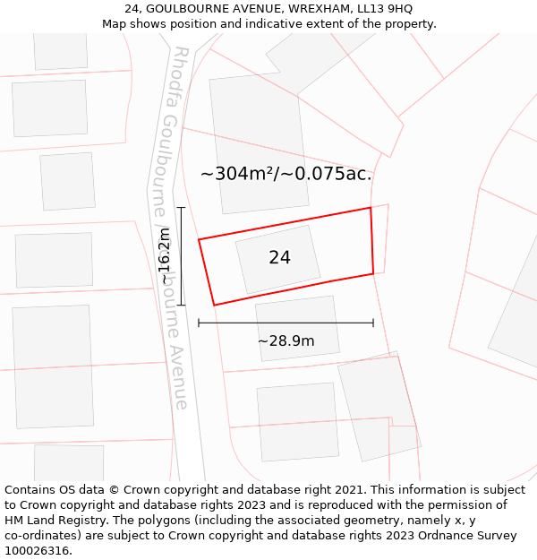 24, GOULBOURNE AVENUE, WREXHAM, LL13 9HQ: Plot and title map