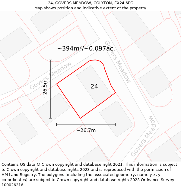 24, GOVERS MEADOW, COLYTON, EX24 6PG: Plot and title map