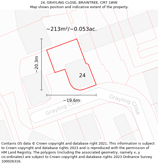 24, GRAYLING CLOSE, BRAINTREE, CM7 1WW: Plot and title map