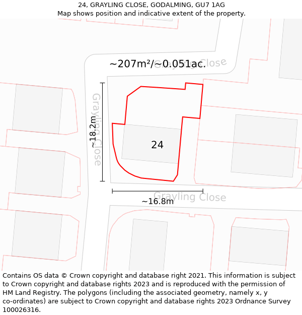 24, GRAYLING CLOSE, GODALMING, GU7 1AG: Plot and title map