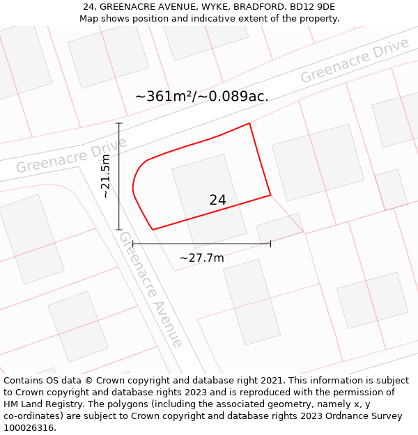 24, GREENACRE AVENUE, WYKE, BRADFORD, BD12 9DE: Plot and title map