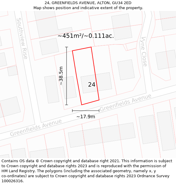 24, GREENFIELDS AVENUE, ALTON, GU34 2ED: Plot and title map