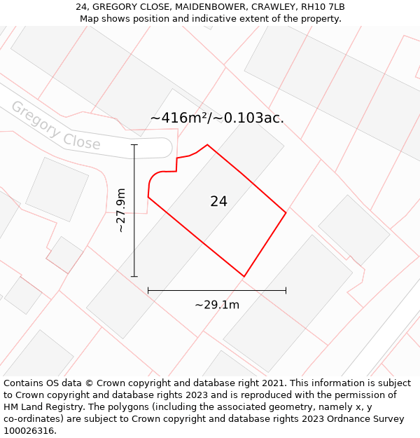 24, GREGORY CLOSE, MAIDENBOWER, CRAWLEY, RH10 7LB: Plot and title map