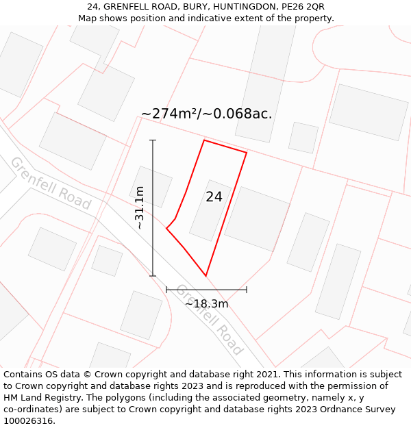 24, GRENFELL ROAD, BURY, HUNTINGDON, PE26 2QR: Plot and title map