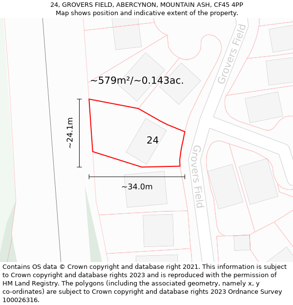 24, GROVERS FIELD, ABERCYNON, MOUNTAIN ASH, CF45 4PP: Plot and title map