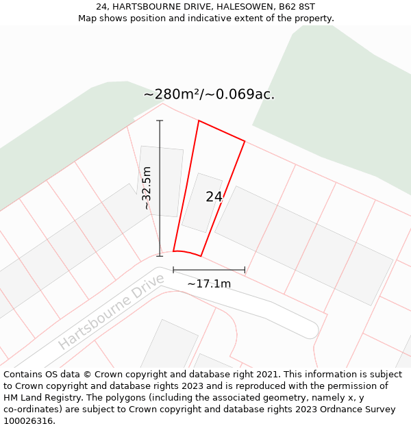 24, HARTSBOURNE DRIVE, HALESOWEN, B62 8ST: Plot and title map