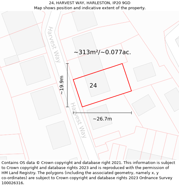 24, HARVEST WAY, HARLESTON, IP20 9GD: Plot and title map