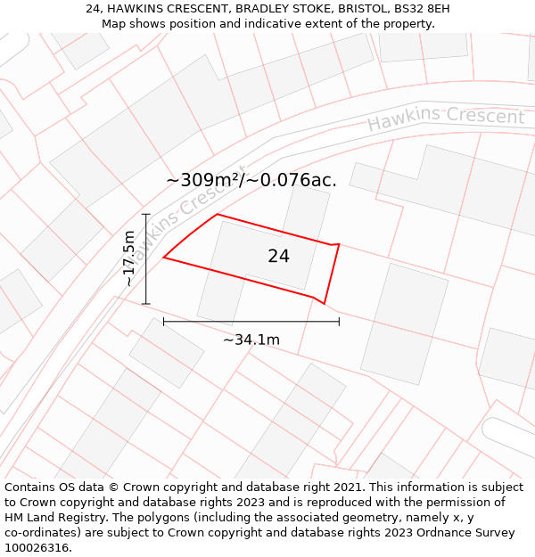 24, HAWKINS CRESCENT, BRADLEY STOKE, BRISTOL, BS32 8EH: Plot and title map