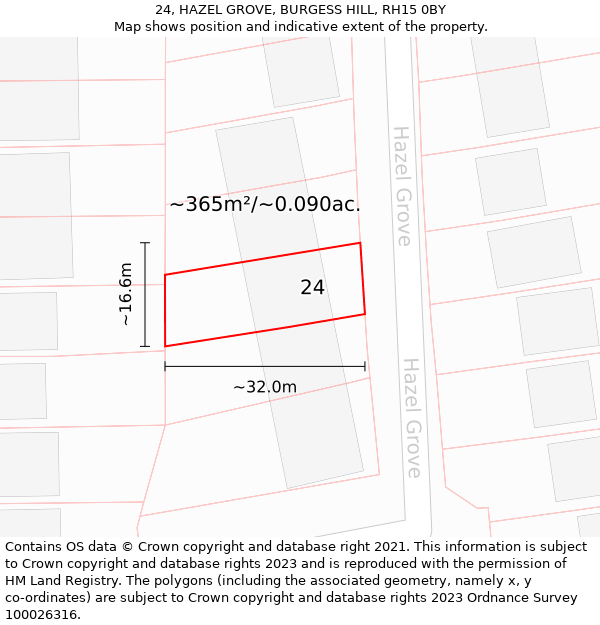 24, HAZEL GROVE, BURGESS HILL, RH15 0BY: Plot and title map