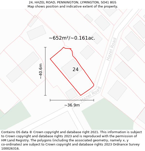 24, HAZEL ROAD, PENNINGTON, LYMINGTON, SO41 8GS: Plot and title map