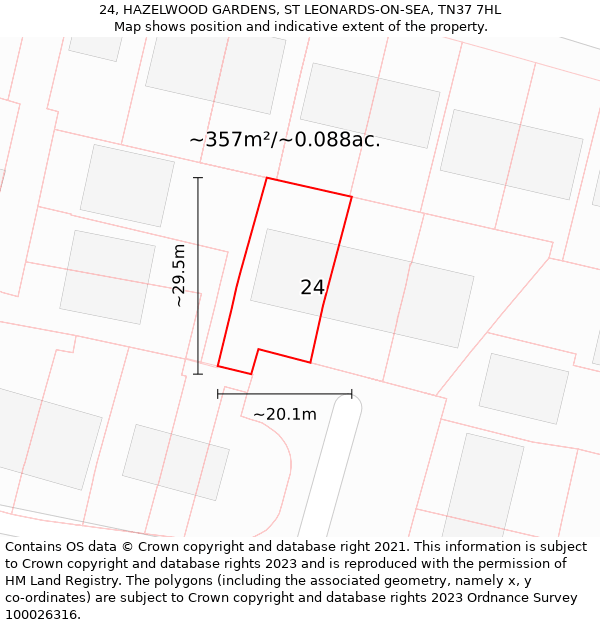 24, HAZELWOOD GARDENS, ST LEONARDS-ON-SEA, TN37 7HL: Plot and title map