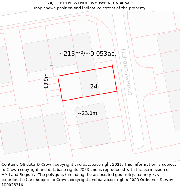 24, HEBDEN AVENUE, WARWICK, CV34 5XD: Plot and title map