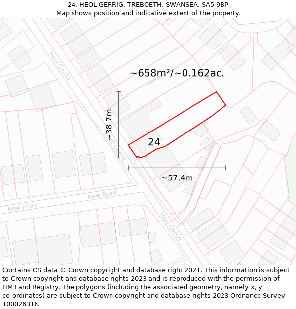 24, HEOL GERRIG, TREBOETH, SWANSEA, SA5 9BP: Plot and title map