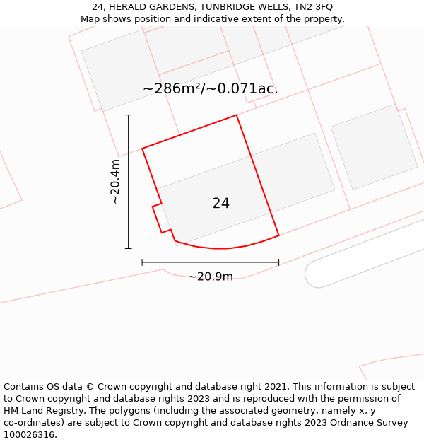 24, HERALD GARDENS, TUNBRIDGE WELLS, TN2 3FQ: Plot and title map