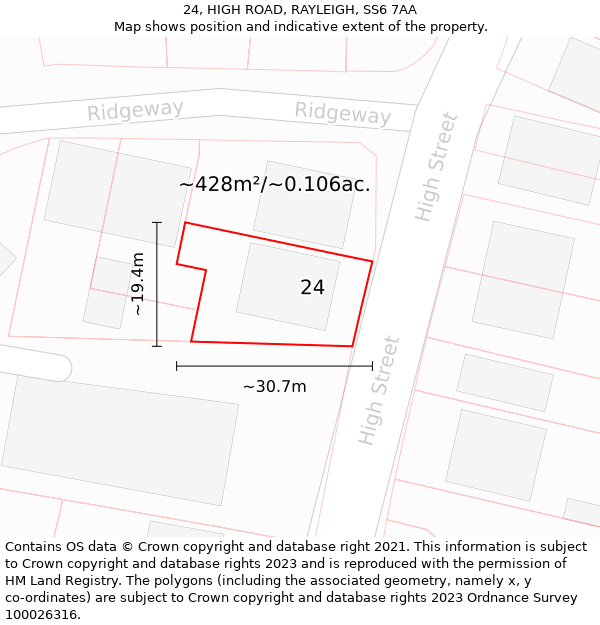 24, HIGH ROAD, RAYLEIGH, SS6 7AA: Plot and title map