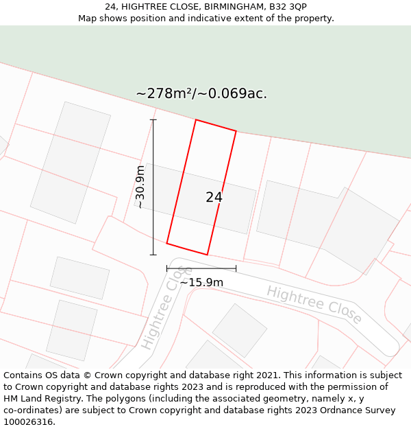 24, HIGHTREE CLOSE, BIRMINGHAM, B32 3QP: Plot and title map