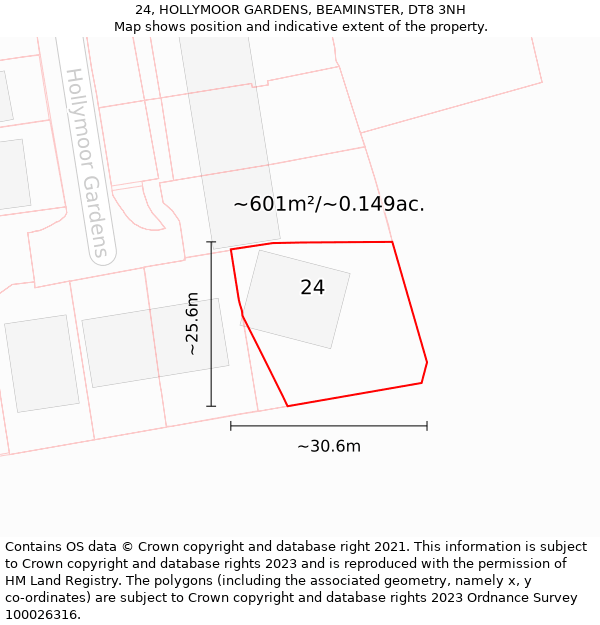 24, HOLLYMOOR GARDENS, BEAMINSTER, DT8 3NH: Plot and title map