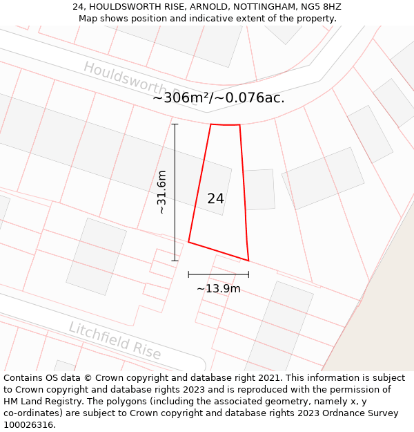 24, HOULDSWORTH RISE, ARNOLD, NOTTINGHAM, NG5 8HZ: Plot and title map